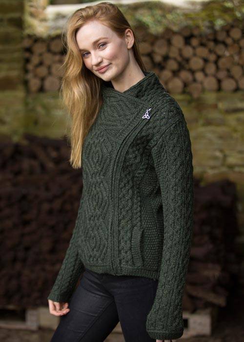 Wool sweater jacket - cable knit side zip jacket