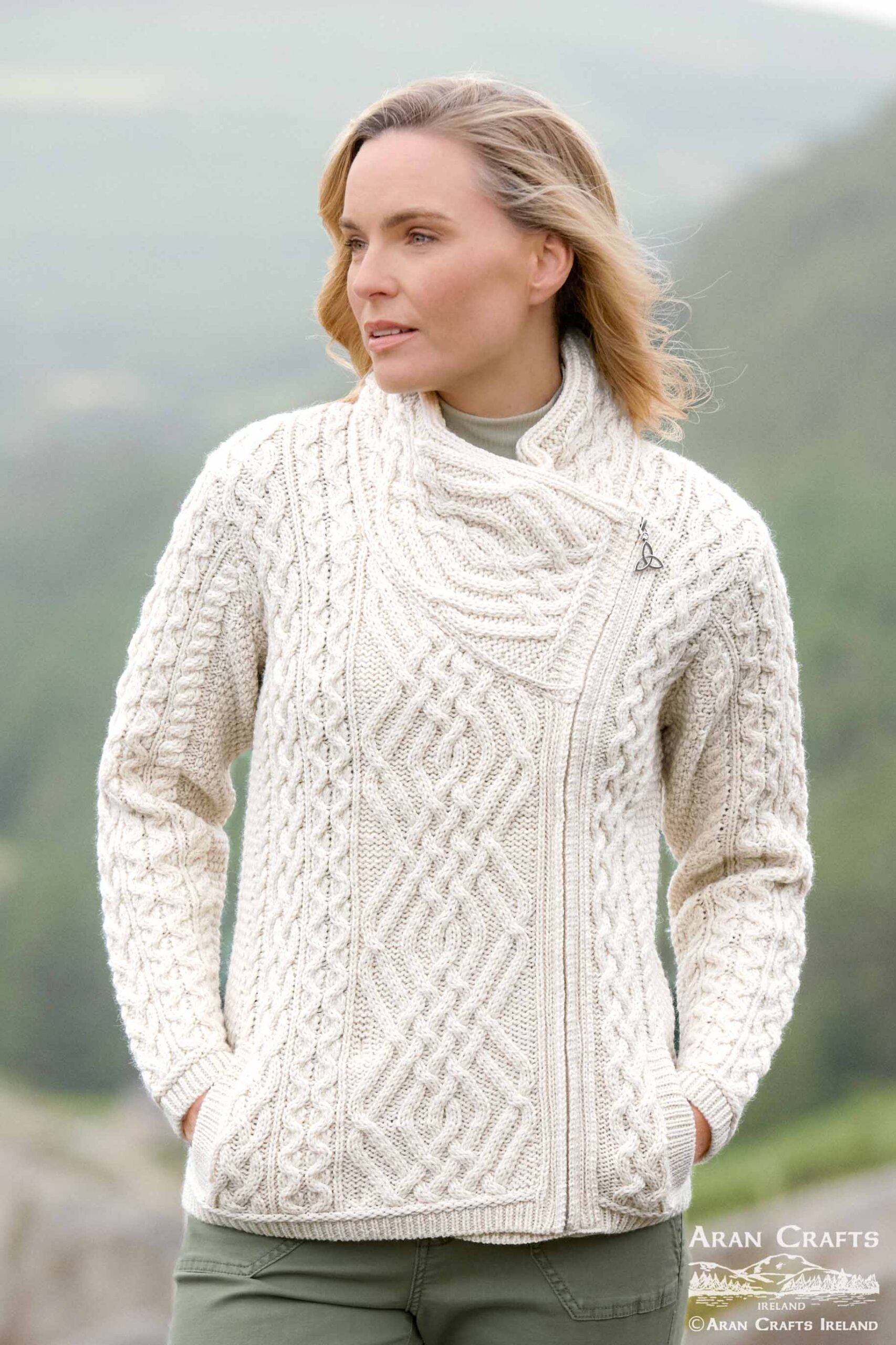 Wool sweater jacket - cable knit side zip jacket