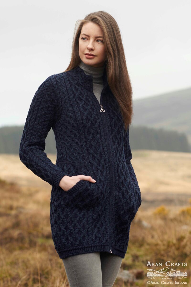 Aran Crafts Women's Irish Cable Knit Wool Coat - Merino Wool, Side Zip, Army Green, Size Medium