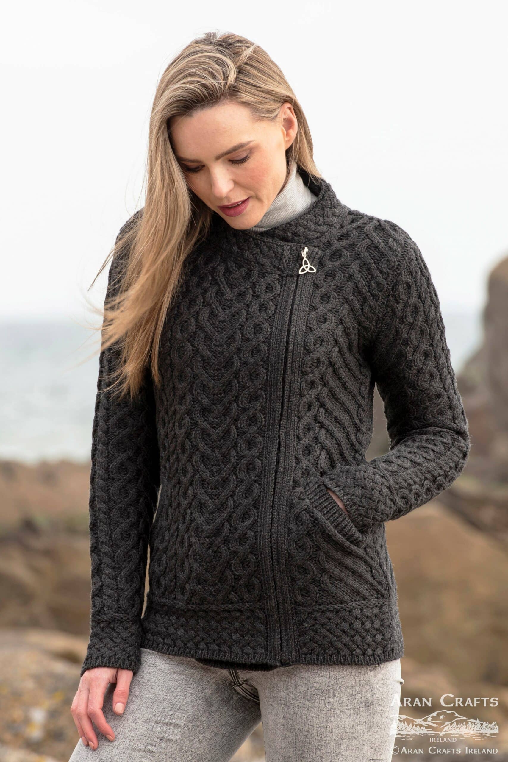 Heart Design Zip Cardigan - Irish Cardigan, Aran Crafts